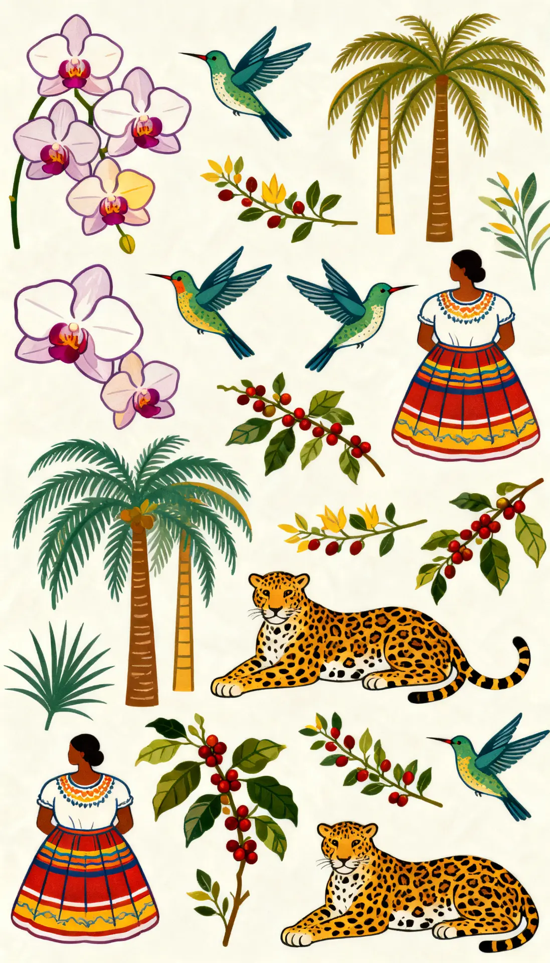 Ilustraciones colombianas: orquídeas, colibríes, palmas, café y pollera valluna