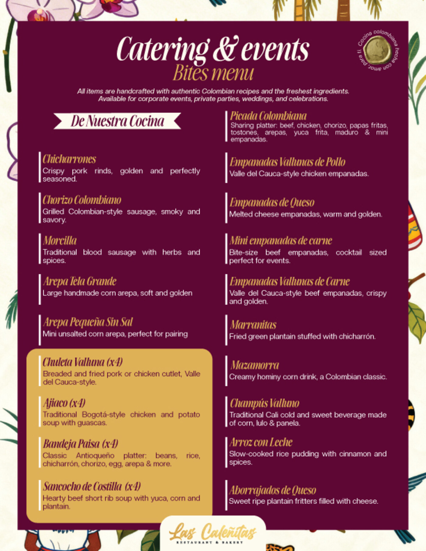 Las Caleñitas catering menu, page 1