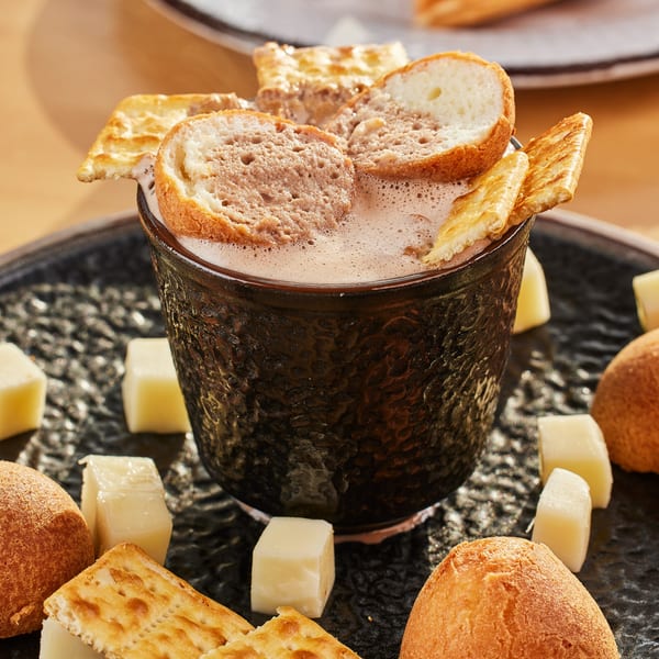 A Colombian hot chocolate in a black mug, with bread, crackers, and cheese cubes.